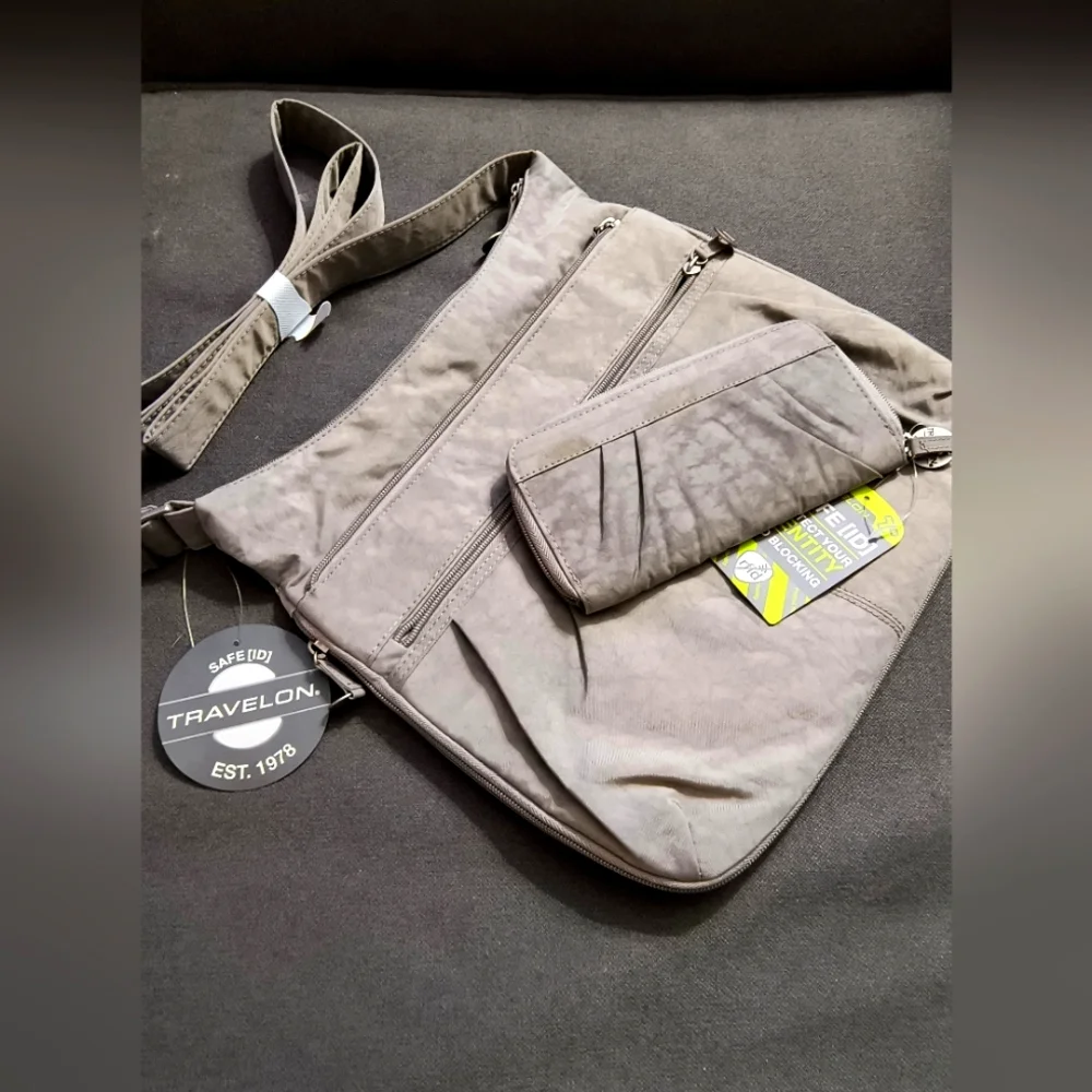 Vintage Travelon RFID Blocking Expandable Crossbody Bag & Wallet with Tags-Gray